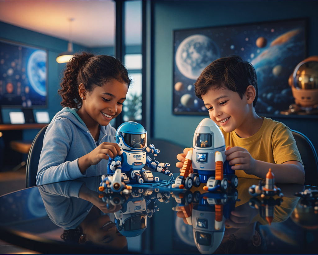 Children learning space science with robotics toys